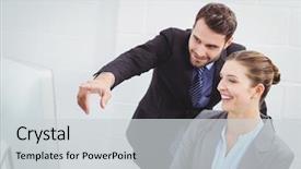  Presentation with monitor computer - Cool new presentation with businessman pointing on computer monitor while explaining female colleague at desk in office backdrop and a light gray colored foreground