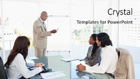  Presentation with give - Audience pleasing theme consisting of businessman pointing to something on the flipchart to give explanations to his team backdrop and a white colored foreground