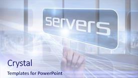  Presentation with servers - PPT theme having businessman pointing to word servers against abstract white line design in room background and a sky blue colored foreground