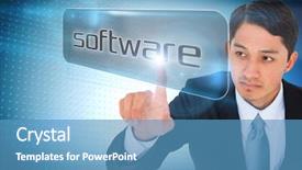 Presentation with software - PPT layouts featuring businessman pointing to word software against technical screen with pixels background and a teal colored foreground