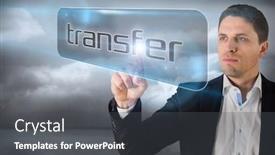  Presentation with transfer - Presentation enhanced with businessman pointing to word transfer against clouds in a room background and a dark gray colored foreground
