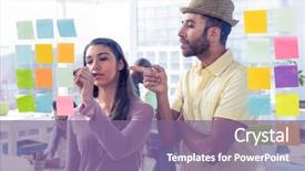  Presentation with creative writing - Slide set consisting of businessman pointing while businesswoman writing on adhesive note at creative office background and a violet colored foreground