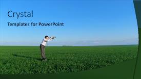  Presentation with blue green future tech business - Audience pleasing presentation theme consisting of businessman-poses-with-a-spyglass backdrop and a  colored foreground