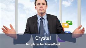  Presentation with server - Presentation theme consisting of businessman posing with arms out against server hallway in the blue sky background and a ocean colored foreground