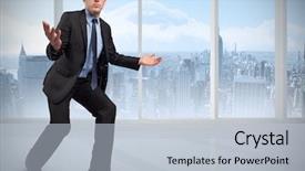  Presentation with windows - Amazing PPT theme having businessman posing with arms outstretched against bright white room with windows backdrop and a lemonade colored foreground