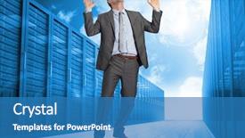  Presentation with server - Beautiful slide set featuring businessman posing with arms raised against server hallway in the blue sky backdrop and a teal colored foreground