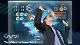  Presentation with technical - Cool new slide set with businessman posing with arms raised against clock on technical background backdrop and a ocean colored foreground