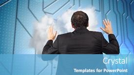  Presentation with circuit board - Cool new slide deck with businessman posing with arms raised against circuit board on futuristic background backdrop and a light blue colored foreground