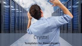  Presentation with server - Amazing PPT theme having businessman posing with arms raised against server hallway in the sky backdrop and a seafoam green colored foreground