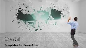  Presentation with graphic - Presentation design with businessman posing with arms up against splash on wall revealing global graphic background and a light gray colored foreground