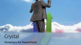  Presentation with steps - Audience pleasing PPT layouts consisting of businessman posing with hands up against steps made of books against sky backdrop and a light blue colored foreground