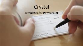  Presentation with check your label - Colorful theme enhanced with businessman prepare writing check backdrop and a mint green colored foreground