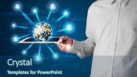  Presentation with tablet - PPT layouts featuring businessman presenting 3d earth globe background and a ocean colored foreground