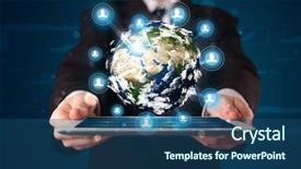  Presentation with tablet - Theme consisting of businessman presenting 3d earth globe background and a ocean colored foreground