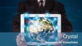  Presentation with tablet - Cool new slides with businessman presenting 3d earth globe backdrop and a ocean colored foreground