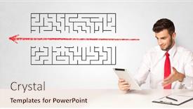  Presentation with maze - Slide set with businessman presenting a maze on a wall background and a sky blue colored foreground