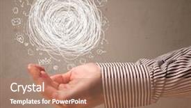  Presentation with chaos - PPT theme having businessman presenting chaos concept in her palm background and a coral colored foreground