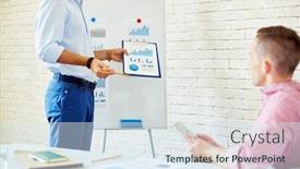  Presentation with data meeting - Audience pleasing presentation design consisting of businessman presenting his colleague financial data at meeting backdrop and a sky blue colored foreground