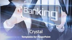  Presentation with banking - PPT theme having businessman presenting the word banking against room with large window looking on city background and a ocean colored foreground