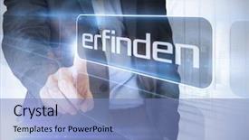  Presentation with invention - Amazing PPT theme having businessman presenting the word invention in german against white room with large window overlooking city backdrop and a teal colored foreground