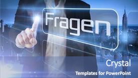  Presentation with question word - Slides featuring businessman presenting the word question in german against mirror image of city skyline background and a ocean colored foreground