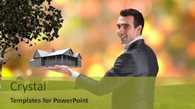  Presentation with glowing lights - Presentation theme consisting of businessman presenting with hand against glowing lights behind field background and a gold colored foreground