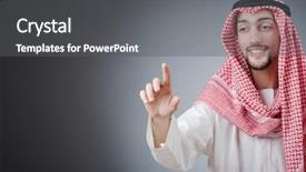  Presentation with virtual - Colorful PPT theme enhanced with businessman pressing - arab pushing virtual buttons backdrop and a dark gray colored foreground