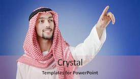  Presentation with virtual - Presentation theme with businessman pressing - arab pushing virtual buttons background and a coral colored foreground