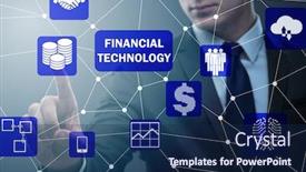  Presentation with fintech - PPT theme with businessman-pressing-buttons-in-fintech background and a navy blue colored foreground