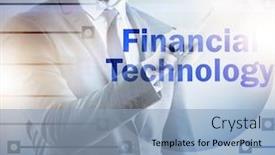  Presentation with fintech - PPT theme with businessman-pressing-buttons-in-fintech background and a light blue colored foreground