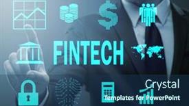  Presentation with fintech - Amazing slide set having businessman-pressing-buttons-in-fintech backdrop and a ocean colored foreground