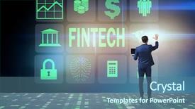  Presentation with fintech - Colorful slide deck enhanced with businessman pressing buttons in fintech backdrop and a ocean colored foreground