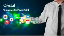  Presentation with colorful - Presentation design consisting of businessman pressing colorful mobile app background and a navy blue colored foreground