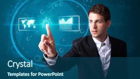  Presentation with high tech - Audience pleasing presentation consisting of businessman pressing high tech type backdrop and a ocean colored foreground