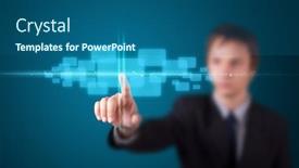  Presentation with modern tech - Presentation theme having businessman pressing high tech type of modern buttons on a virtual background background and a ocean colored foreground