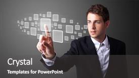  Presentation with modern tech - PPT theme enhanced with businessman pressing high tech type background and a dark gray colored foreground