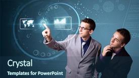  Presentation with modern tech - Slides enhanced with businessman pressing high tech type background and a ocean colored foreground