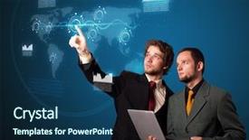  Presentation with high tech - Slide deck having businessman pressing high tech type background and a navy blue colored foreground