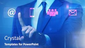  Presentation with communication - Cool new theme with businessman-pressing-in-communication-concept backdrop and a cobalt blue colored foreground