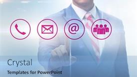  Presentation with communication - Beautiful presentation design featuring businessman-pressing-in-communication-concept backdrop and a light blue colored foreground