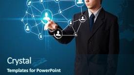  Presentation with report writing social mediaa - Colorful slide set enhanced with businessman pressing modern social buttons backdrop and a ocean colored foreground