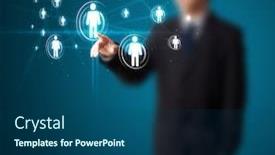  Presentation with social - PPT theme featuring businessman pressing modern social buttons on a virtual background background and a ocean colored foreground