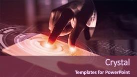  Presentation with technology - Cool new presentation design with businessman pressing modern technology panel backdrop and a violet colored foreground
