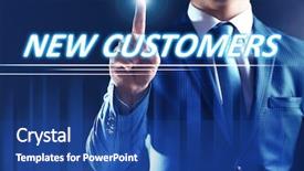  Presentation with customers - PPT layouts featuring businessman pressing new customers button background and a ocean colored foreground