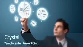  Presentation with pie chart - Presentation having businessman pressing pie chart button background and a ocean colored foreground