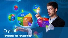  Presentation with science futuristic technology abstract - Colorful PPT theme enhanced with businessman pressing pie chart button backdrop and a ocean colored foreground