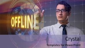  Presentation with realidad virtual - Colorful slides enhanced with businessman pressing virtual button offline backdrop and a coral colored foreground