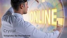  Presentation with virtual - Presentation design consisting of businessman-pressing-virtual-button-online background and a light blue colored foreground