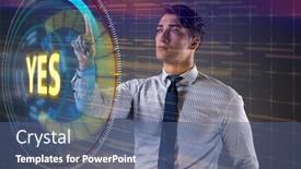  Presentation with yes - Cool new presentation theme with businessman pressing virtual button yes backdrop and a ocean colored foreground