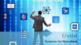  Presentation with quantum computing - Audience pleasing slides consisting of businessman-pressing-virtual-button backdrop and a light blue colored foreground